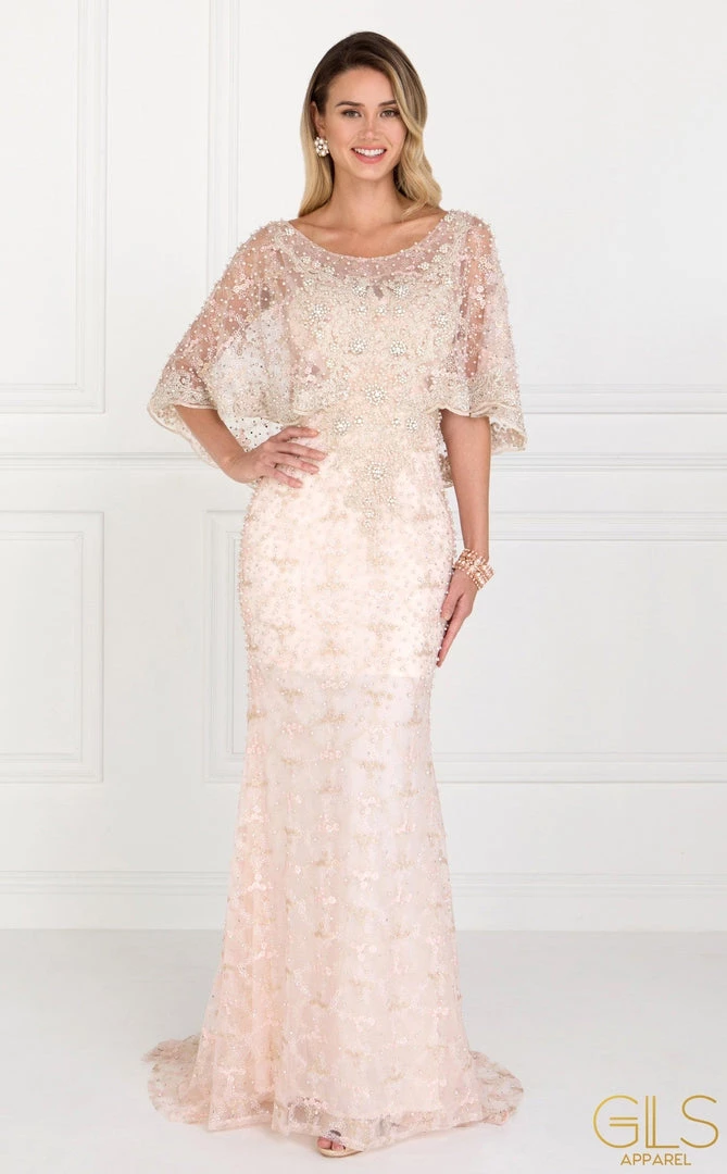 Blush Long Lace Appliqued Dress With Attached Cape By Elizabeth K 3 Blush Long Lace Appliqued Dress With Attached Cape By Elizabeth K