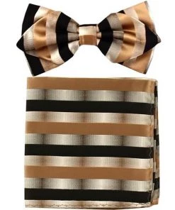 Vesuvio Napoli Men Brown Striped Bow Tie With Pocket Square (Pointed Tip)