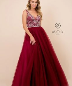Prom Burgundy A-Line Ball Gown With Beaded Bodice By Nox Anabel G087