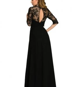 Burgundy Long Chiffon Dress With Lace Sleeves By Poly USA