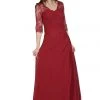 Burgundy Long Chiffon Dress With Lace Sleeves By Poly USA