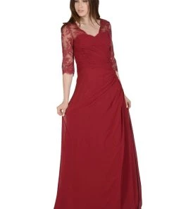 Burgundy Long Chiffon Dress With Lace Sleeves By Poly USA