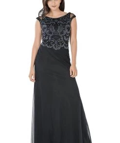 Burgundy Long Dress With Beaded Mesh Bodice By Poly USA