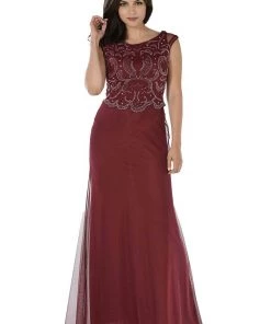 Burgundy Long Dress With Beaded Mesh Bodice By Poly USA