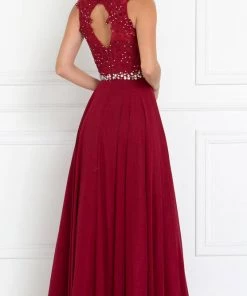 Burgundy Long Lace Appliqued Chiffon Dress By Elizabeth K GL2417 Prom