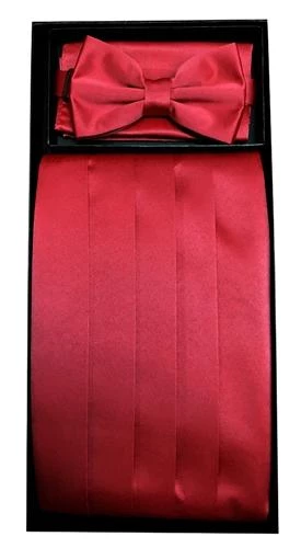 Vesuvio Napoli Burgundy Poly Satin Cummerbund, Bow Tie, And Hanky Set 3 Vesuvio Napoli Burgundy Poly Satin Cummerbund, Bow Tie, And Hanky Set