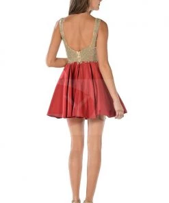Burgundy Short Dress With Lace Applique Bodice By Poly USA