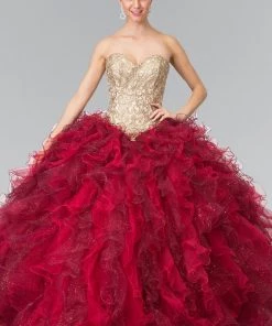 Burgundy Strapless Ruffled Ballgown By Elizabeth K GL2211