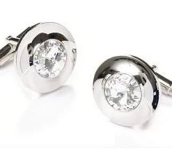 ABC Fashion Button Silver Cufflinks With Clear Crystal