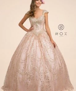 Cap Sleeve Glitter Ball Gown By Nox Anabel U803
