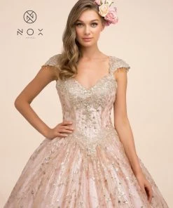 Cap Sleeve Glitter Ball Gown By Nox Anabel U803