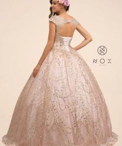 Cap Sleeve Glitter Ball Gown By Nox Anabel U803