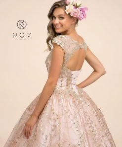 Cap Sleeve Glitter Ball Gown By Nox Anabel U803