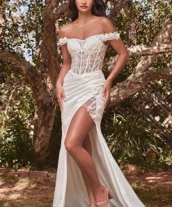 White Fitted 3D Floral Gown By Cinderella Divine CD0186W New