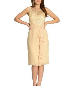 Champagne Knee Length Chiffon Dress With Lace Top By Poly USA