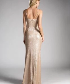 Champagne Long Fitted Sequin Dress By Cinderella Divine CH571