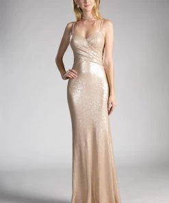 Champagne Long Fitted Sequin Dress By Cinderella Divine CH571