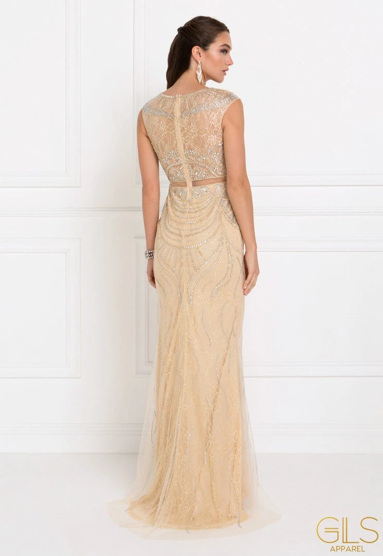 Champagne Mock Two-Piece Long Lace Dress By Elizabeth K GL1503 4 Champagne Mock Two-Piece Long Lace Dress By Elizabeth K GL1503