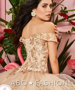 Forever Quince By Ragazza Fashion Champagne Off Shoulder Ball Gown By Forever Quince FQ836