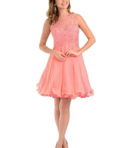 Champagne Short Chiffon Dress With Lace Applique Top By Poly USA