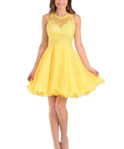 Champagne Short Chiffon Dress With Lace Applique Top By Poly USA