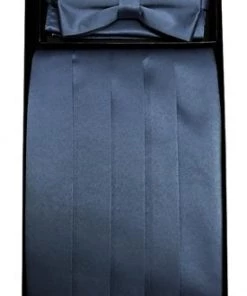 Vesuvio Napoli Charcoal Poly Satin Cummerbund, Bow Tie, And Hanky Set