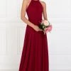 Chiffon High-Neck Ruched Long Burgundy Dress By Elizabeth K GL1524