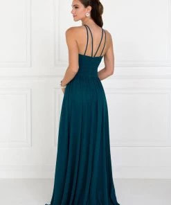 Chiffon High-Neck Ruched Long Mauve Dress By Elizabeth K GL1524