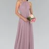 Chiffon High-Neck Ruched Long Mauve Dress By Elizabeth K GL1524
