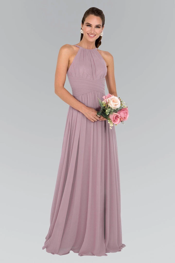 Chiffon High-Neck Ruched Long Mauve Dress By Elizabeth K GL1524 3 Chiffon High-Neck Ruched Long Mauve Dress By Elizabeth K GL1524