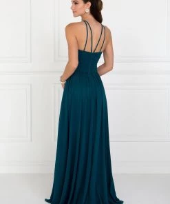 Prom Chiffon High-Neck Ruched Long Navy Dress By Elizabeth K GL1524