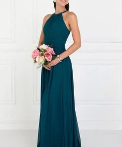 Prom Chiffon High-Neck Ruched Long Navy Dress By Elizabeth K GL1524