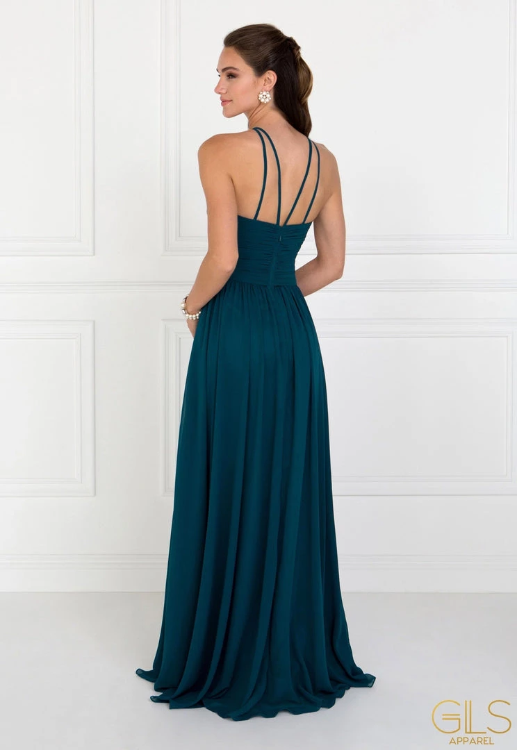 Prom Chiffon High-Neck Ruched Long Teal Dress By Elizabeth K GL1524 4 Prom Chiffon High-Neck Ruched Long Teal Dress By Elizabeth K GL1524