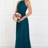 Prom Chiffon High-Neck Ruched Long Teal Dress By Elizabeth K GL1524