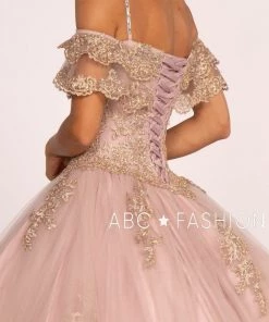 Cold Shoulder A-line Ball Gown With Gold Appliques By Elizabeth K GL2510