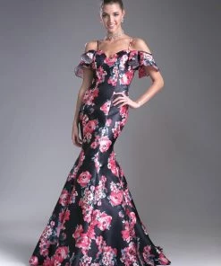 Satin Floral Print Mermaid Gown By Cinderella Divine 13043 Prom
