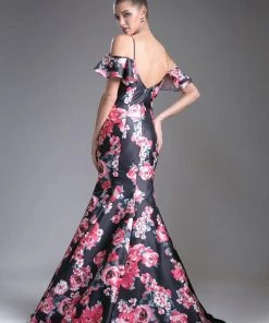 Satin Floral Print Mermaid Gown By Cinderella Divine 13043 Prom