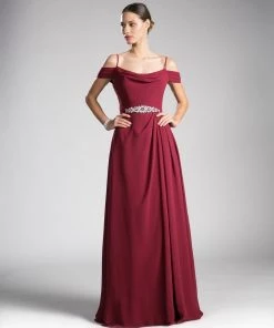 Long Cold Shoulder Dress With Beaded Waist By Cinderella Divine CJ248 Prom