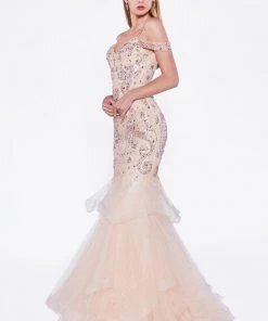 Cold Shoulder Ruffled Mermaid Gown By Cinderella Divine CR776 Prom