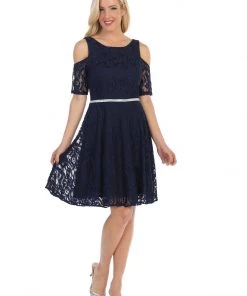 Cold Shoulder Short Lace Dress With Short Sleeves By Celavie 6307