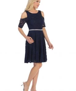 Cold Shoulder Short Lace Dress With Short Sleeves By Celavie 6307