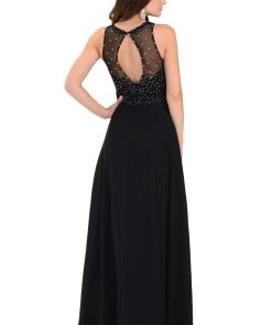 Coral Long Chiffon Dress With Lace Applique Top By Poly USA