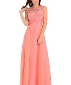 Coral Long Chiffon Dress With Lace Applique Top By Poly USA
