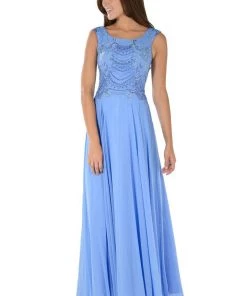 Coral Long Sleeveless Dress With Embellished Bodice By Poly USA