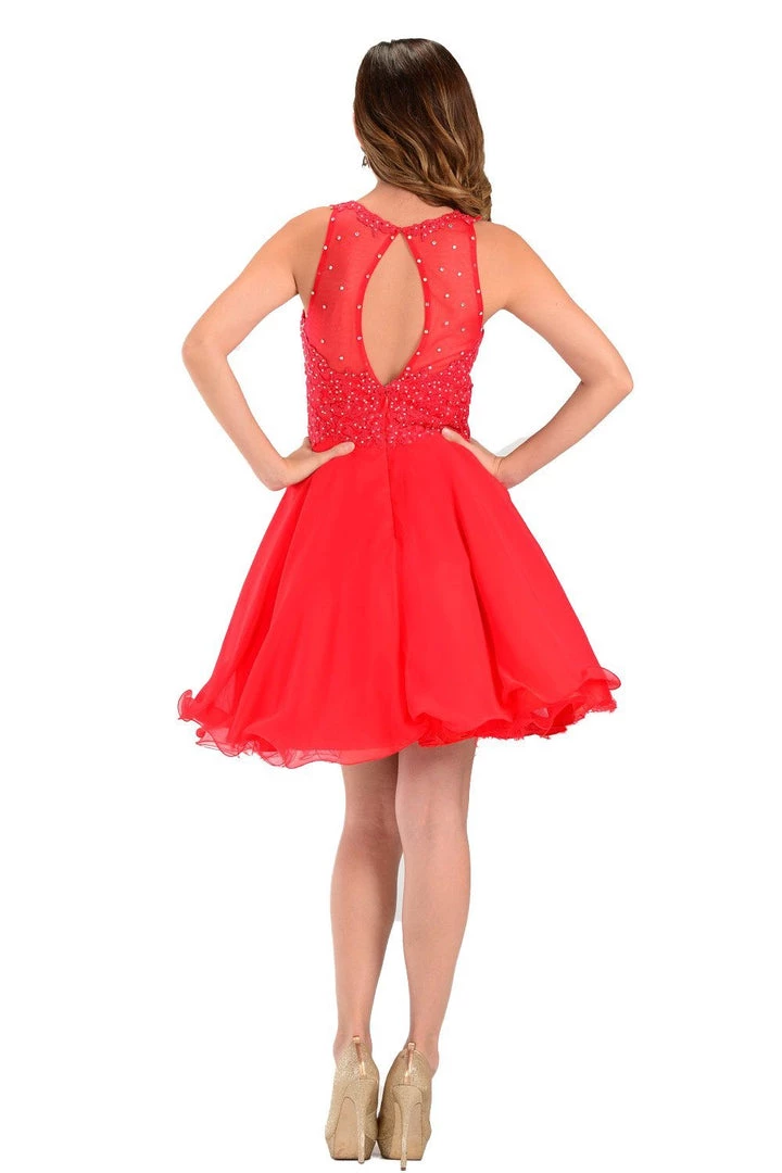 Prom Coral Short Chiffon Dress With Lace Applique Top By Poly USA 6 Prom Coral Short Chiffon Dress With Lace Applique Top By Poly USA