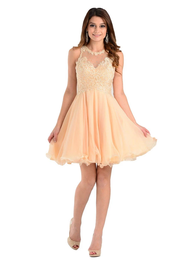 Prom Coral Short Chiffon Dress With Lace Applique Top By Poly USA 7 Prom Coral Short Chiffon Dress With Lace Applique Top By Poly USA