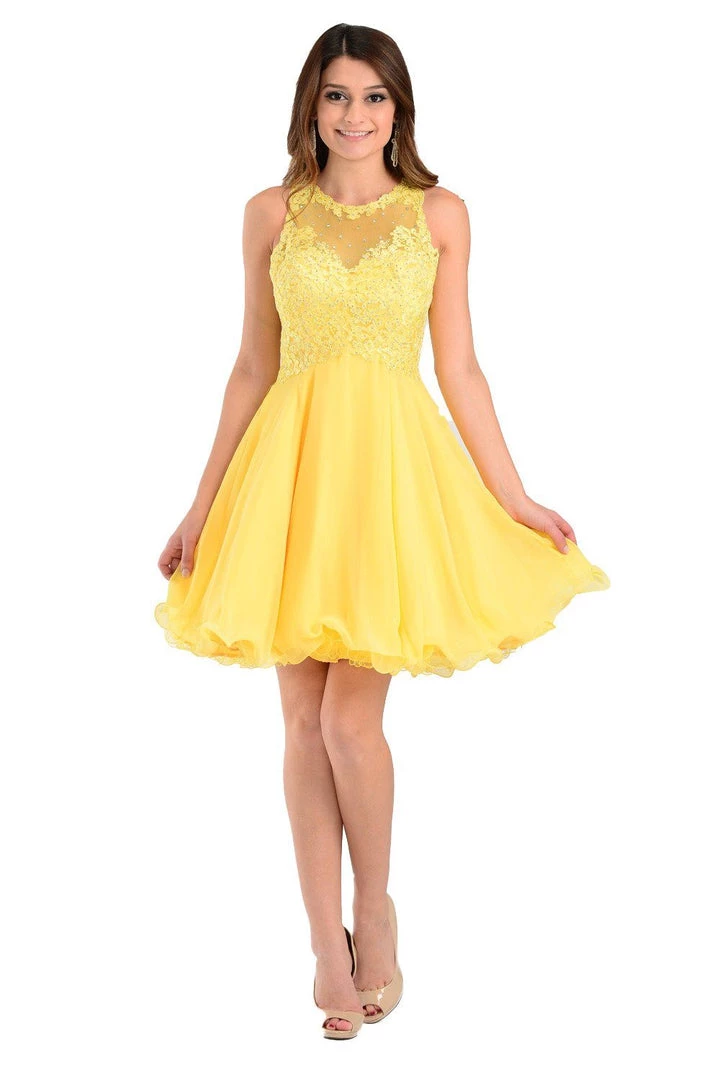 Prom Coral Short Chiffon Dress With Lace Applique Top By Poly USA 9 Prom Coral Short Chiffon Dress With Lace Applique Top By Poly USA