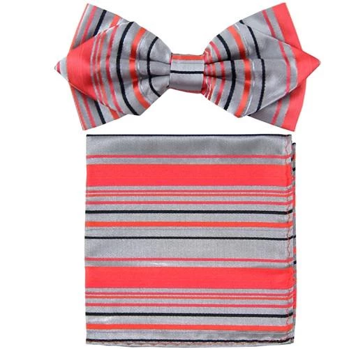 Vesuvio Napoli Coral Striped Bow Tie With Pocket Square (Pointed Tip) Men 3 Vesuvio Napoli Coral Striped Bow Tie With Pocket Square (Pointed Tip) Men