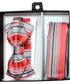 Vesuvio Napoli Coral Striped Bow Tie With Pocket Square (Pointed Tip) Men