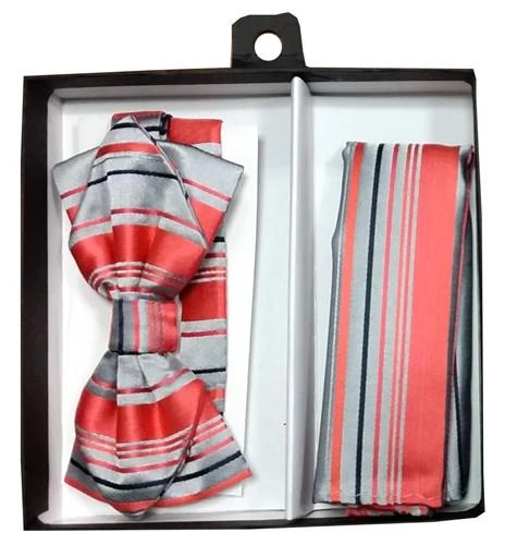 Vesuvio Napoli Coral Striped Bow Tie With Pocket Square (Pointed Tip) Men 4 Vesuvio Napoli Coral Striped Bow Tie With Pocket Square (Pointed Tip) Men